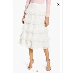 Rachel Parcell White Lace layered tiered white dot mesh lined midi skirt size XL